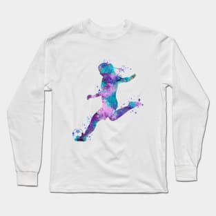 Dynamic Watercolor Soccer Girl Player Art - Vibrant Sports Illustration Long Sleeve T-Shirt